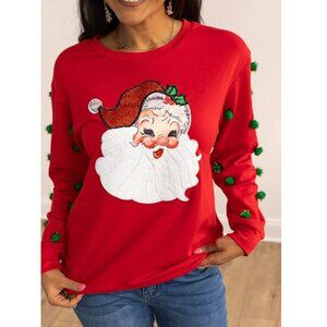 NWOT GRACE+EMMA Sequin Santa Pom Pom Sleeve Pullover, XL